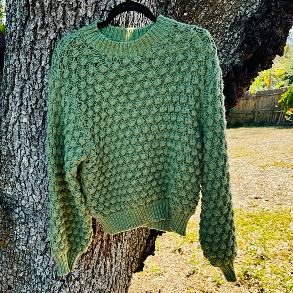POL Green bubble crochet ballon sleeve oversized chunky slouchy sweater.Size S
